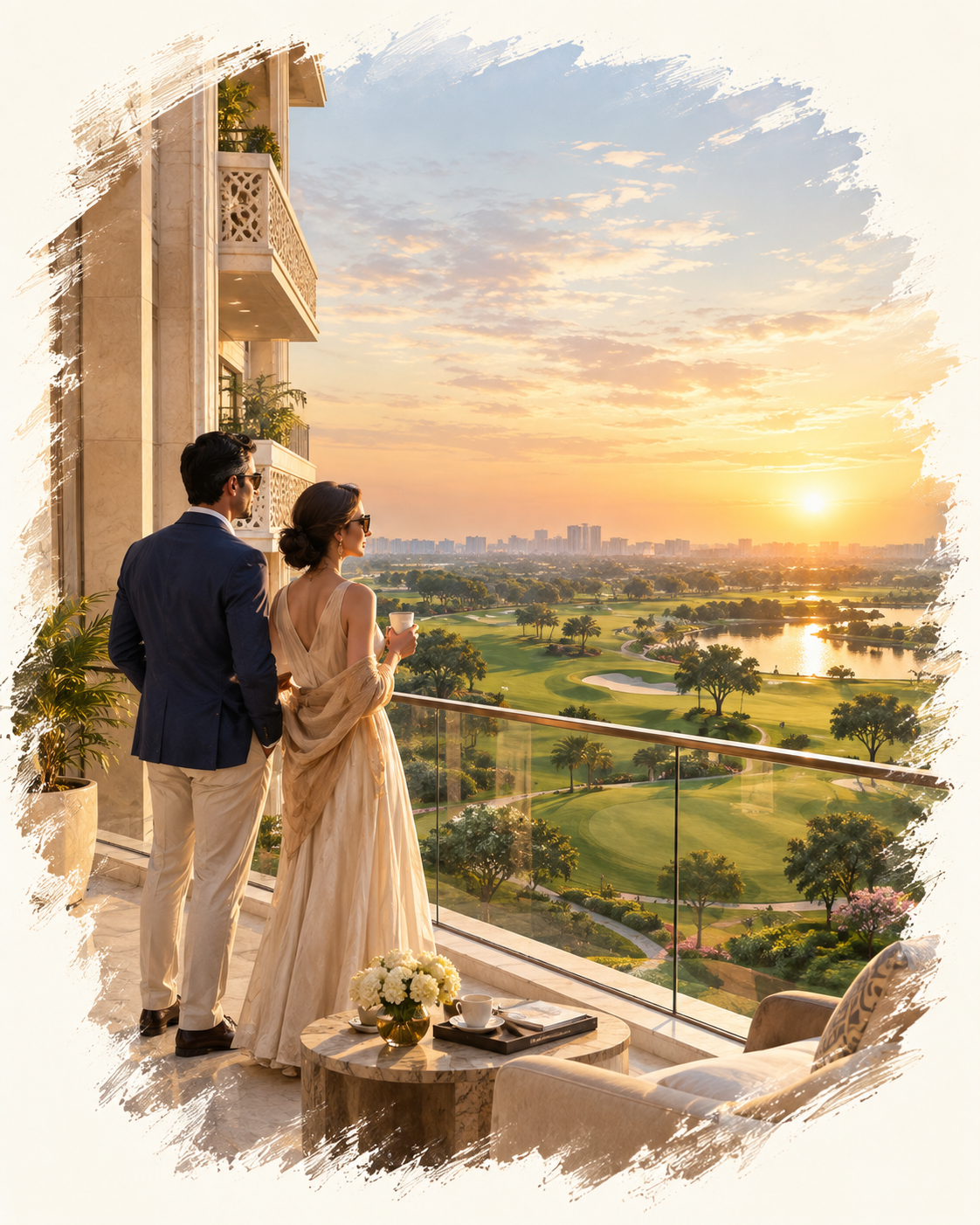 Couple watching sunset over golf course from private balcony