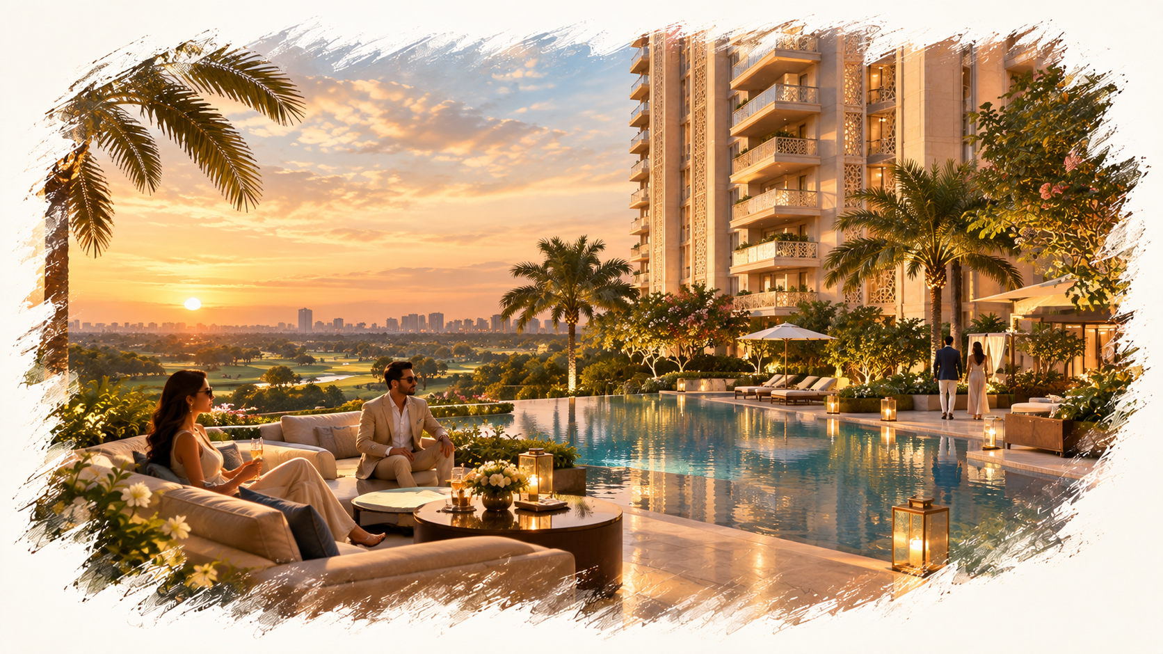 Poolside evening with golf-facing residences in the background