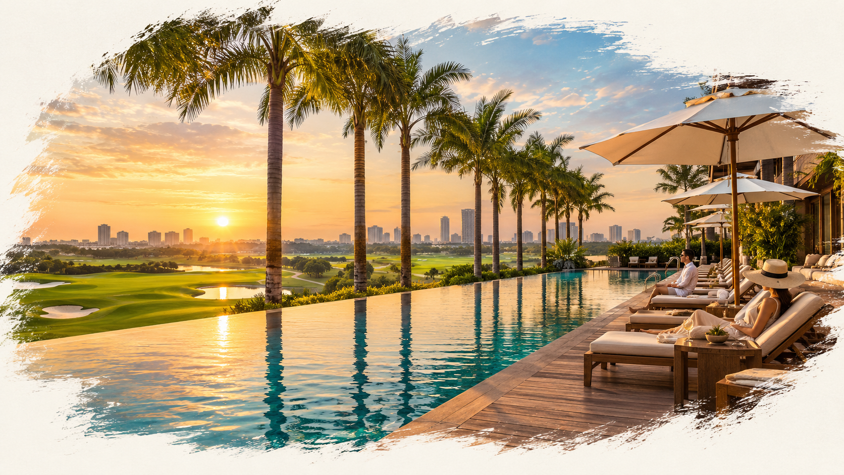 Infinity pool deck overlooking golf course at sunset